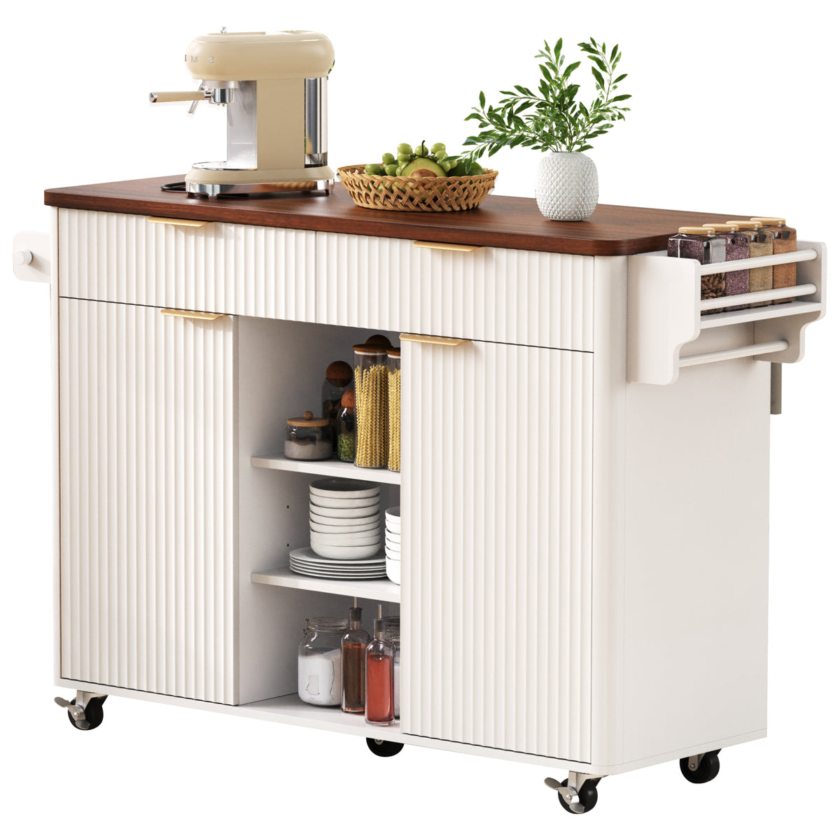 variant-group:rf-n707s000019w|Roomfitters 52" Fluted Kitchen Island with Drop Leaf, Power Outlet & Walnut Wood-Grain Top, White