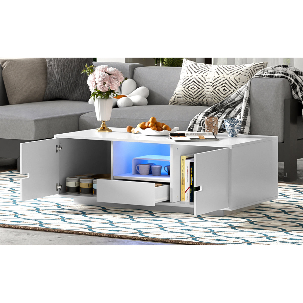 variant-group:rf-n724p294656k|Roomfitters Modern Glossy Coffee Table with Storage Space and Light Accent, Rectangle Center Table for Living Room, White