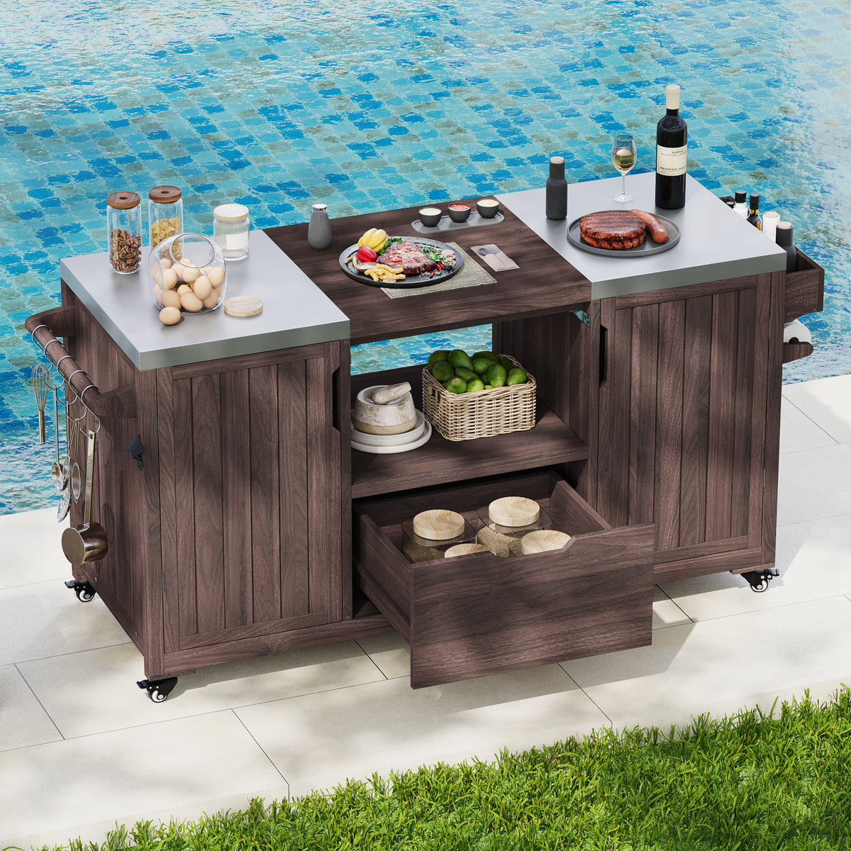 variant-group:rf-n707p250629z|Roomfitters 66.5" Outdoor Kitchen Island for Big Kamado Grills, Wood Grill Cart with Stainless Steel Top, Storage, Dark Brown