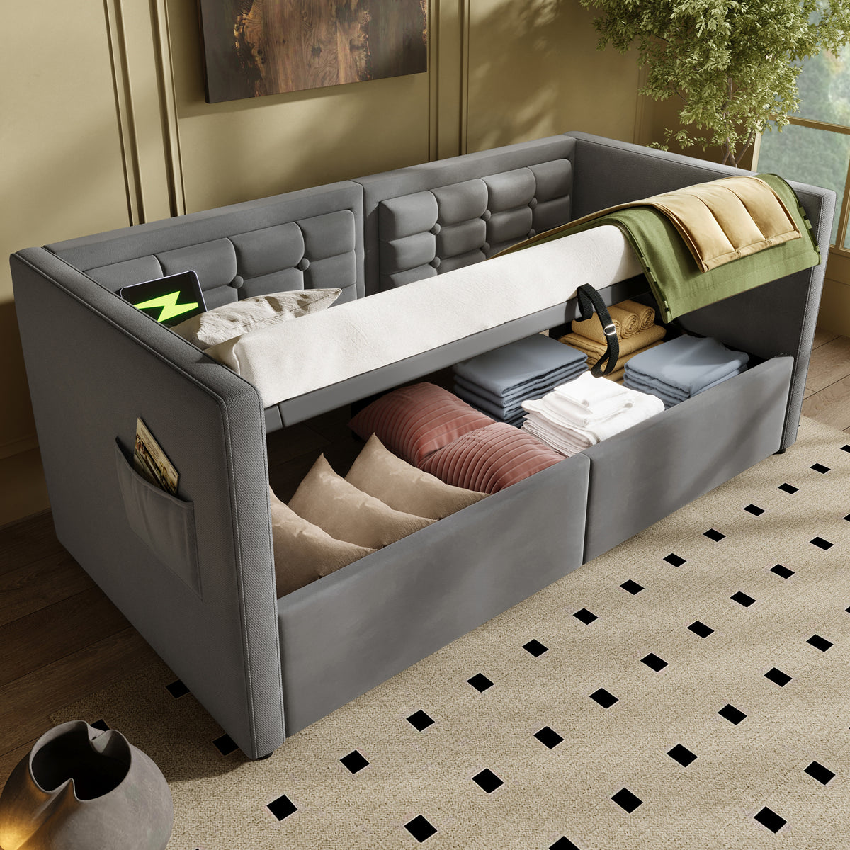variant-group:rf-n736p303402g|Roomfitters Upholstered Twin Size Daybed with Storage, USB & Type-C Charging, Tufted Sofa Back, Velvet Gray