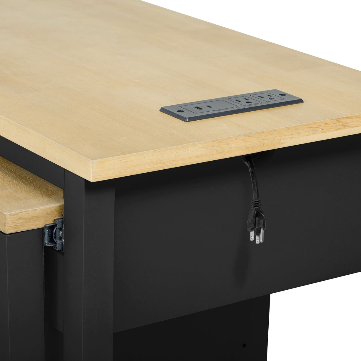Roomfitters 47" Kitchen Island with Slide-Out Dining Table, Mobile Cart with Built-in Outlets, Internal Racks, Black