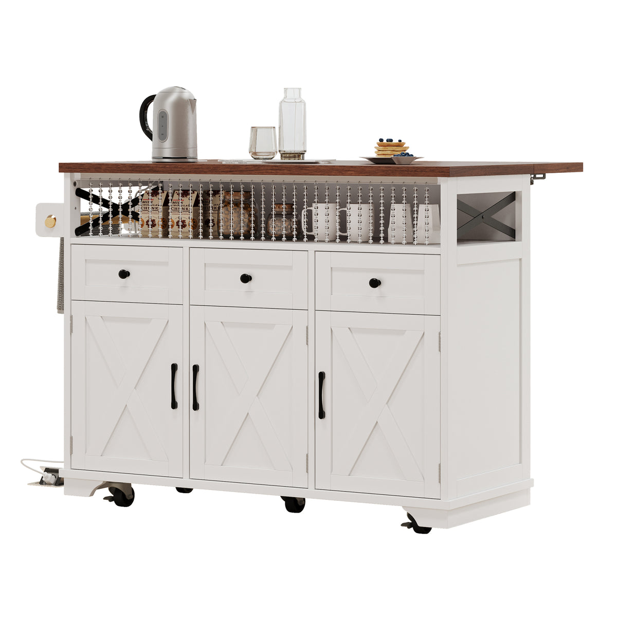 variant-group:rf-n707p254872w|Roomfitters 46.5" Rolling Kitchen Island with Drop Leaf, Mobile Cart with 2 AC Outlets & USB, Beaded Drape & 3 Drawers, White
