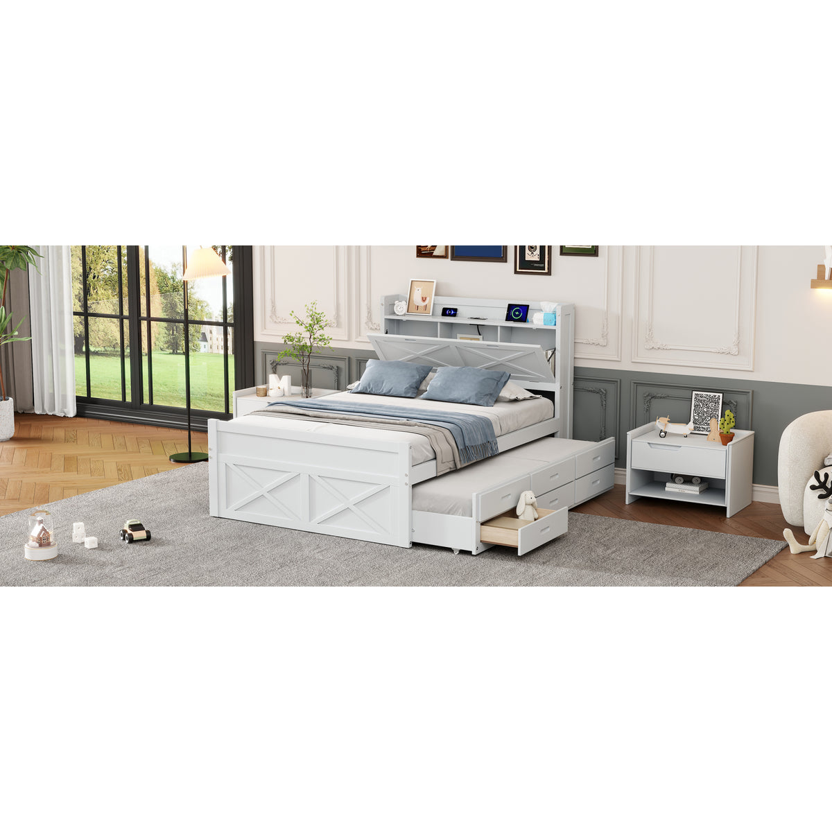 variant-group:rf-n733s172712k|Roomfitters Full Size Wooden Bed with Storage Headboard, Integrated Outlets, Extendable Frame with Twin Trundle and Additional Storage, White