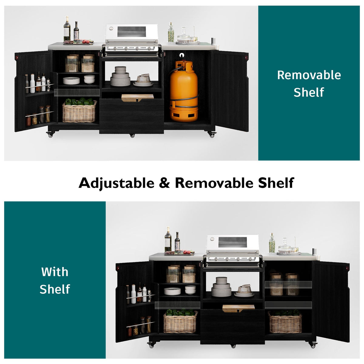 Roomfitters 66.5" Outdoor Grill Cart for Large Big Green Egg & Kamado Joe, Kitchen Island with Stainless Steel Top, Black
