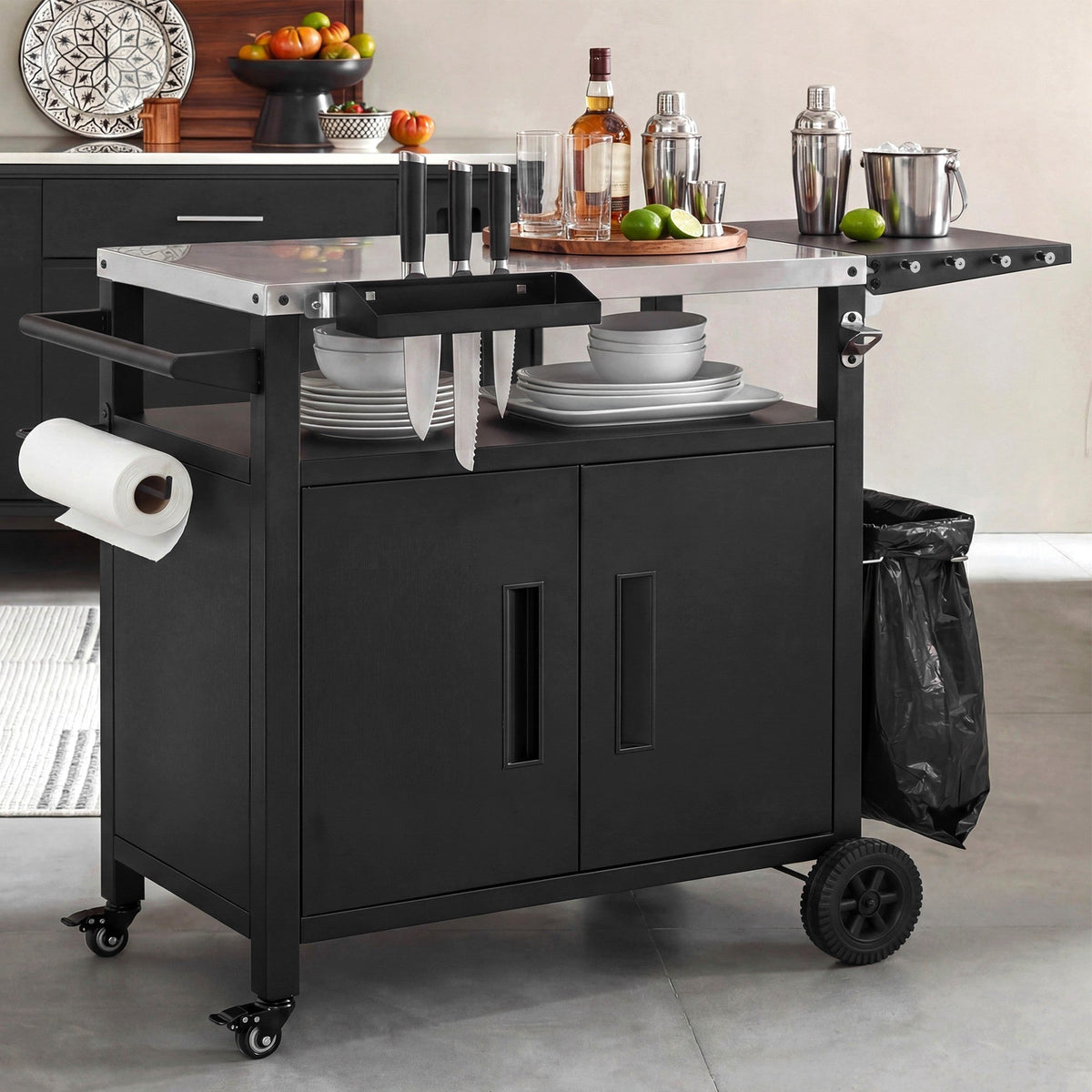 Roomfitters Grill Cart with Stainless Steel Top, Outdoor Kitchen Island, BBQ Prep Station with Trash Bag Holder and Hooks, Black