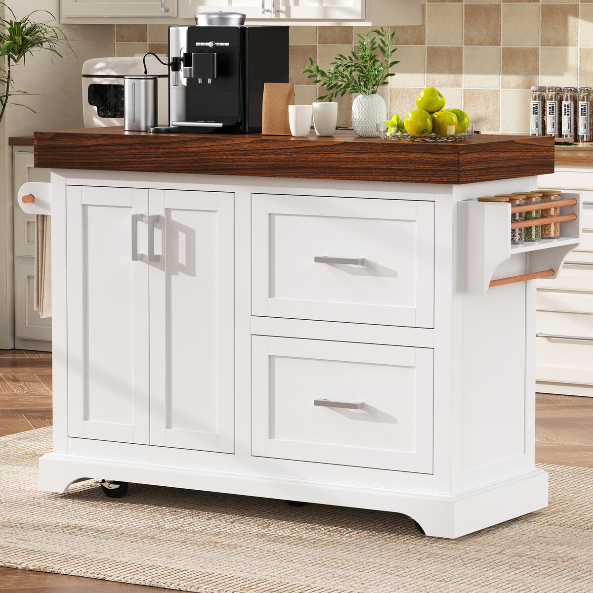 variant-group:rf-n707s000025w|Roomfitters 53" Kitchen Island with Butcher Block Top, Storage Cabinet with Drawers, Spice Rack and Towel Holder, White