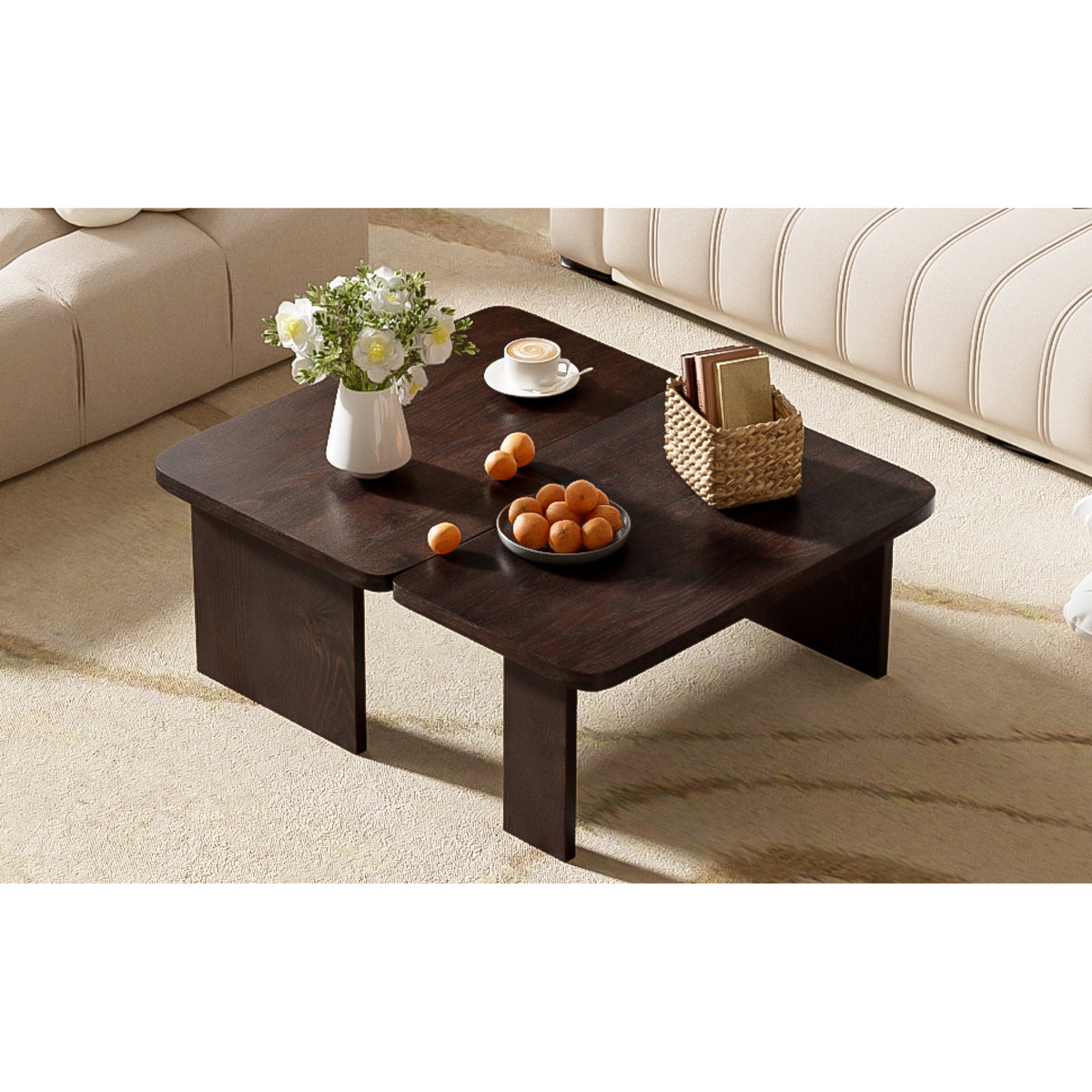 variant-group:rf-n724p232174p|Roomfitters Minimalist Coffee Table Set, Rectangular Center Table with Two-Tone Design, Espresso