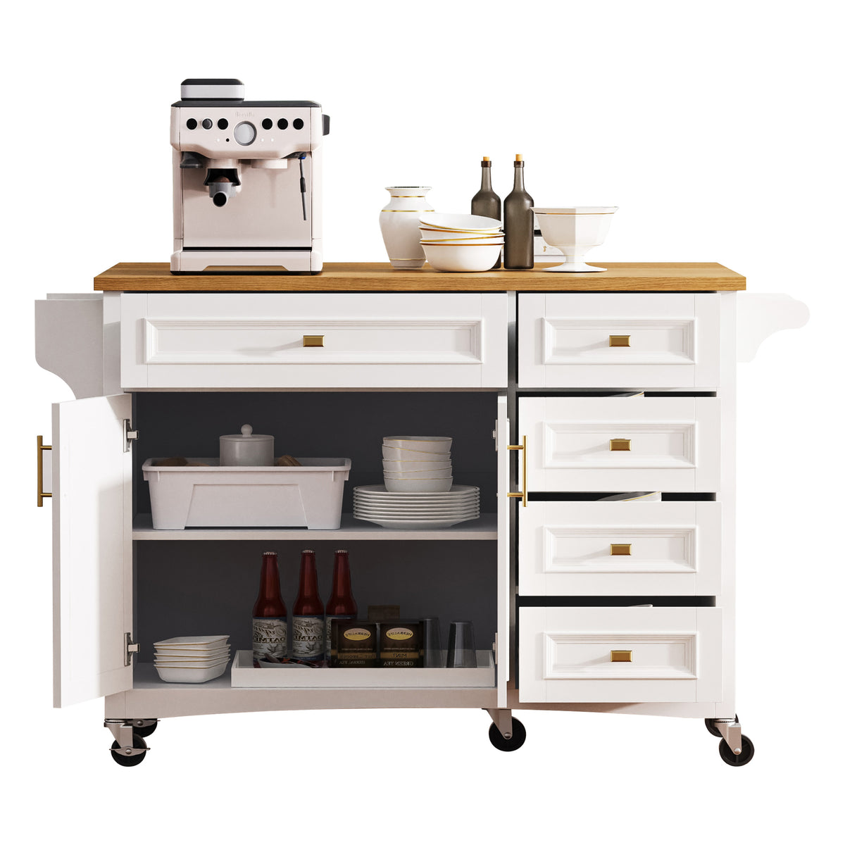 variant-group:rf-n707p195393w|Roomfitters 52" Kitchen Island with Drop Leaf, Rolling Kitchen Cart with Storage Cabinet, Spice Rack, Towel Rack, Adjustable Shelf, White