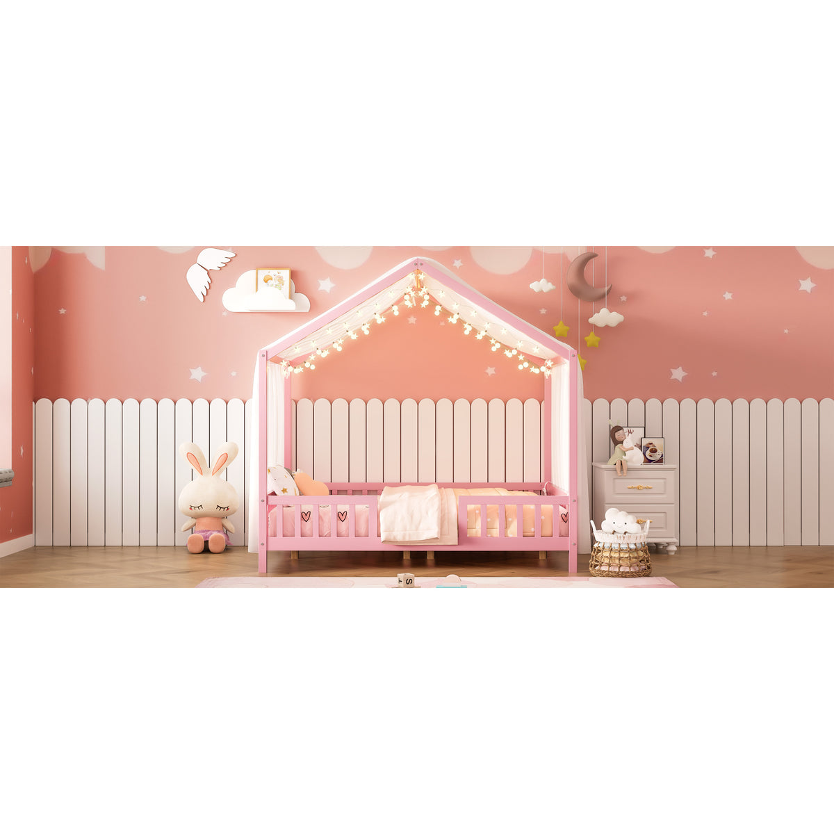 variant-group:rf-n733p356048h|Roomfitters Full Montessori Floor Bed with Canopy, House Shape Wood Frame with Safety Rails, Platform Bed, Pink