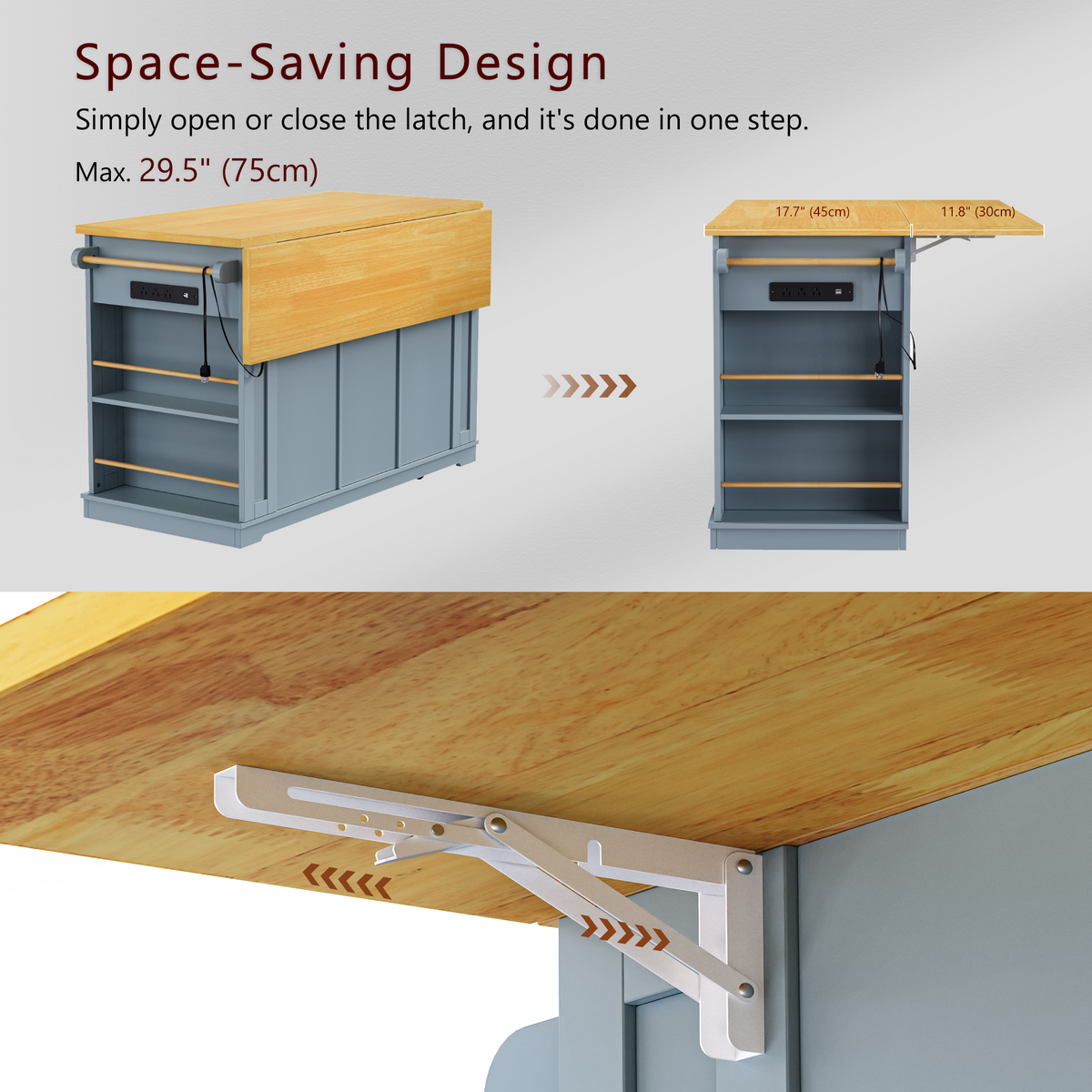 variant-group:rf-n707s003007g|Roomfitters 53" Kitchen Island with 2 Bar Stools, Drop Leaf, Power Outlet, Rolling Kitchen Cart Set with Storage, Grey-Blue