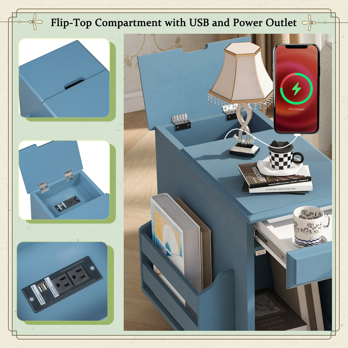 variant-group:rf-n724p293133m|Roomfitters Vintage Sofa Side Table with USB Ports, Flip Top, Cup Holders and Bookshelf Storage for Small Spaces, Navy Blue