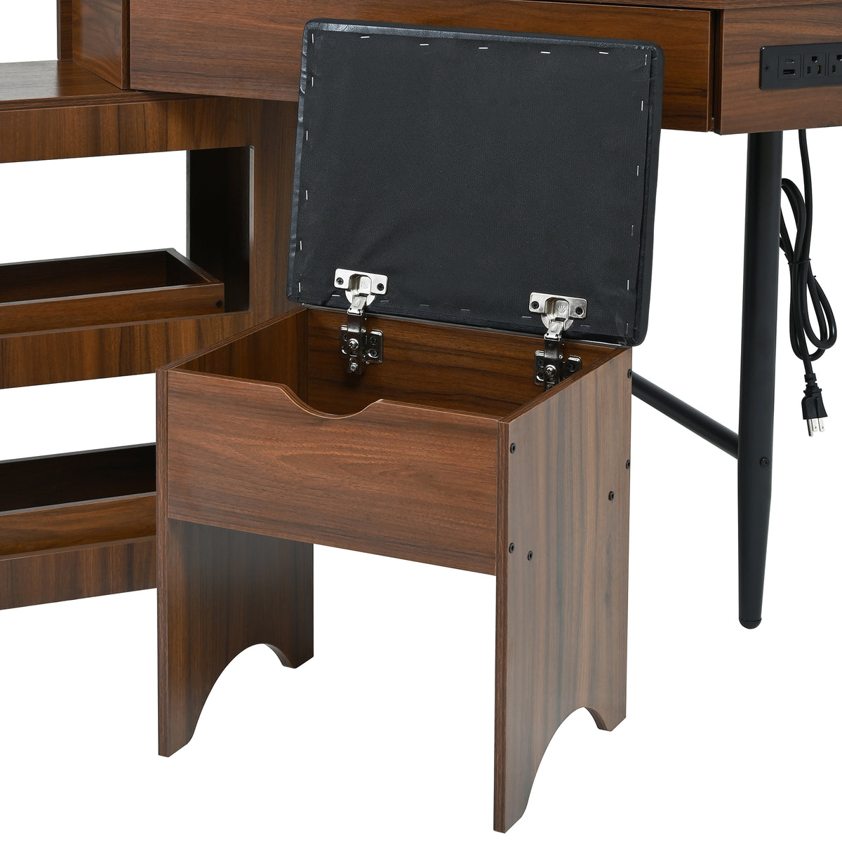 variant-group:rf-n733p336237d|Roomfitters Corner Vanity Desk Set with Stool, Charging Station, Glass Top, Drawer, Shelf, Pull-Out Cabinet, Walnut