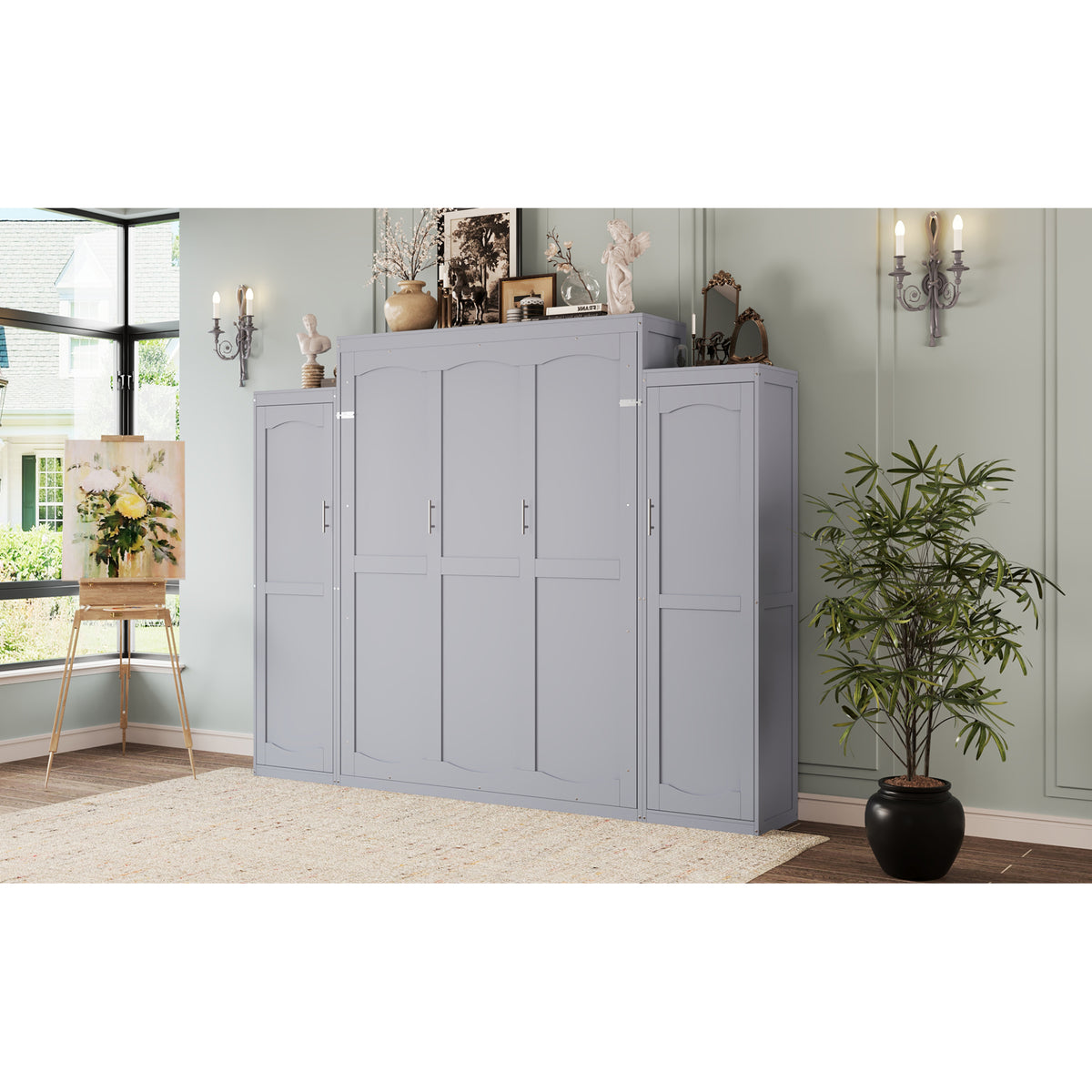 variant-group:rf-n733s235627e|Roomfitters Queen Murphy Wall Bed with Two Wardrobes and Storage Shelf, Foldable Platform Bed Frame for Guest Room, Gray