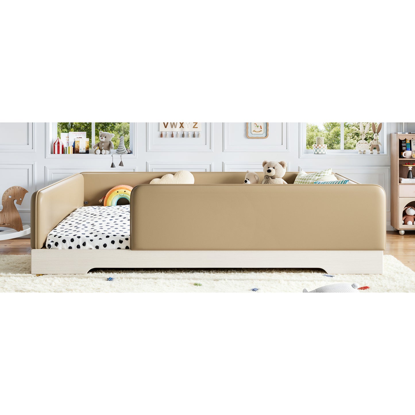 variant-group:rf-w1580s00672|Roomfitters Queen Size Upholstered Floor Bed Frame with Removable Guardrails, Faux Leather Low Profile Platform, Brown