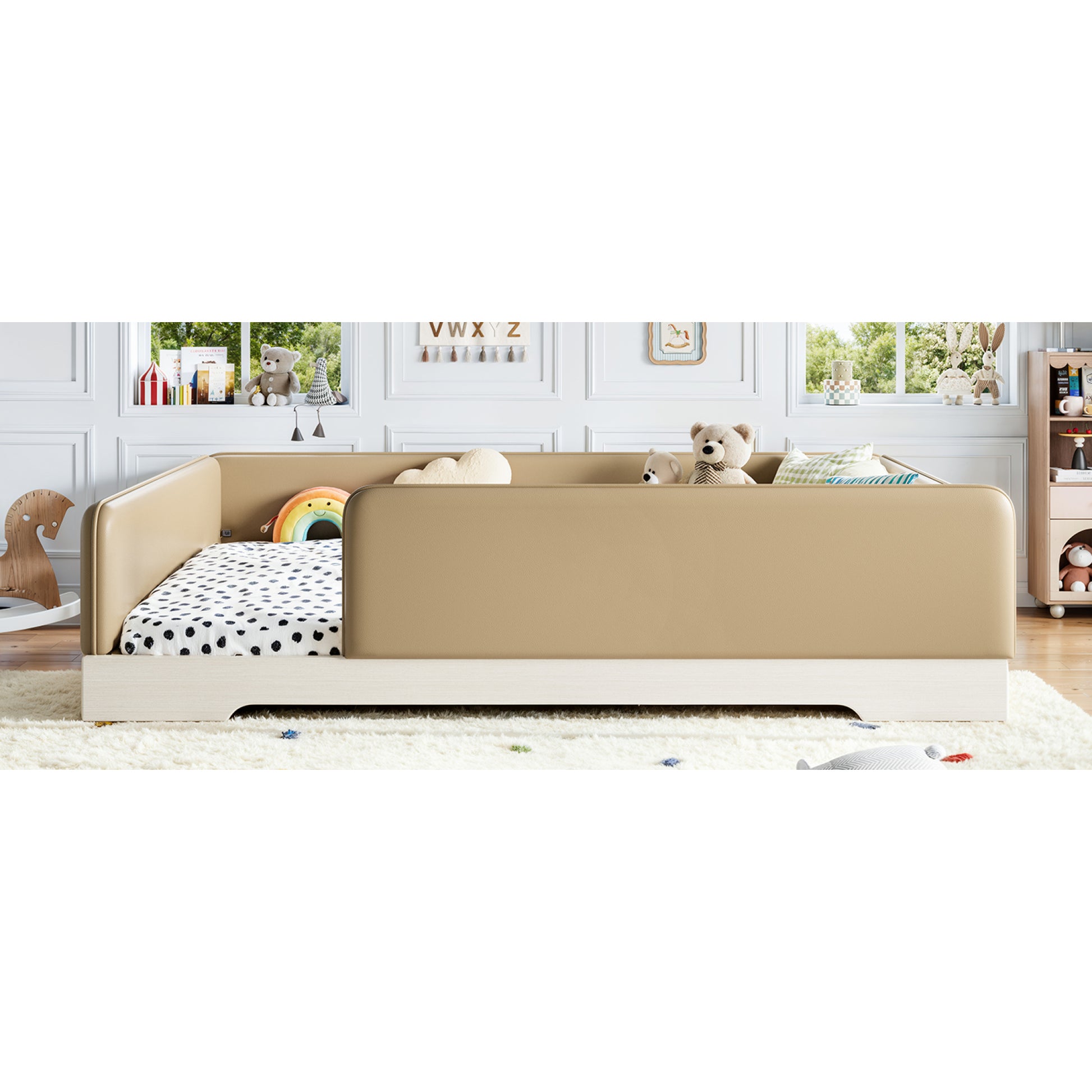 variant-group:rf-w1580s00672|Roomfitters Queen Size Upholstered Floor Bed Frame with Removable Guardrails, Faux Leather Low Profile Platform, Brown