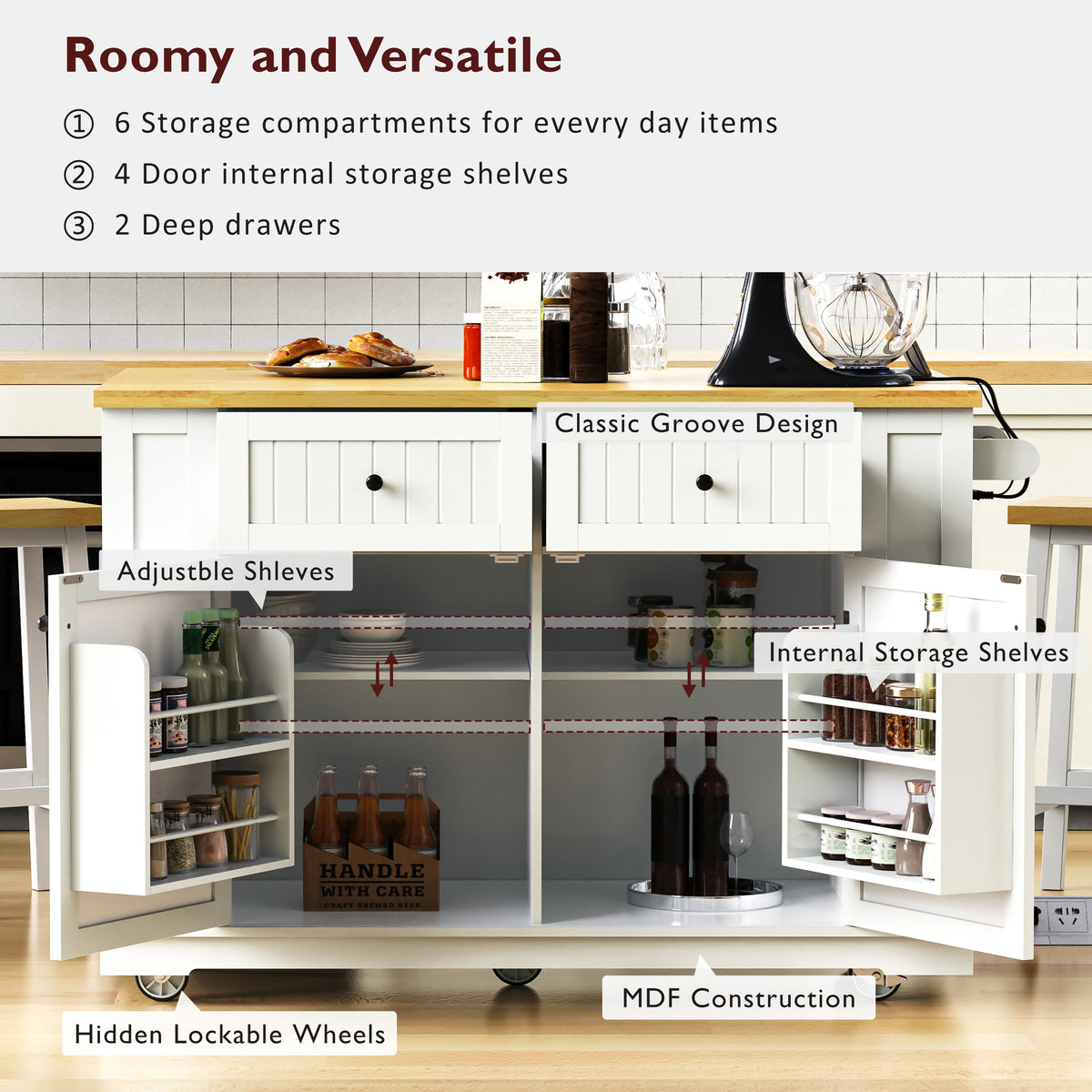 variant-group:rf-n707s257057w|Roomfitters 48" Kitchen Island with Power Outlet and Drop Leaf, Rolling Storage Cabinet with Wood Top and Spice Rack, White