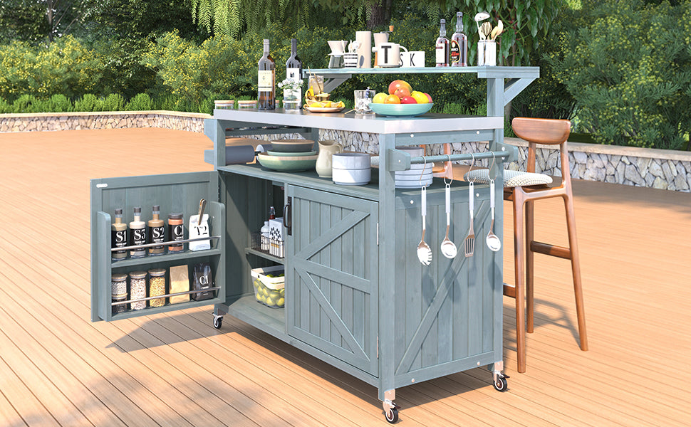 variant-group:rf-n707p250628g|Roomfitters 53.3" Outdoor Kitchen Island with Raised Shelf, Wood Storage Cabinet, Stainless Steel Top, Rolling Grill Cart, Grey Blue