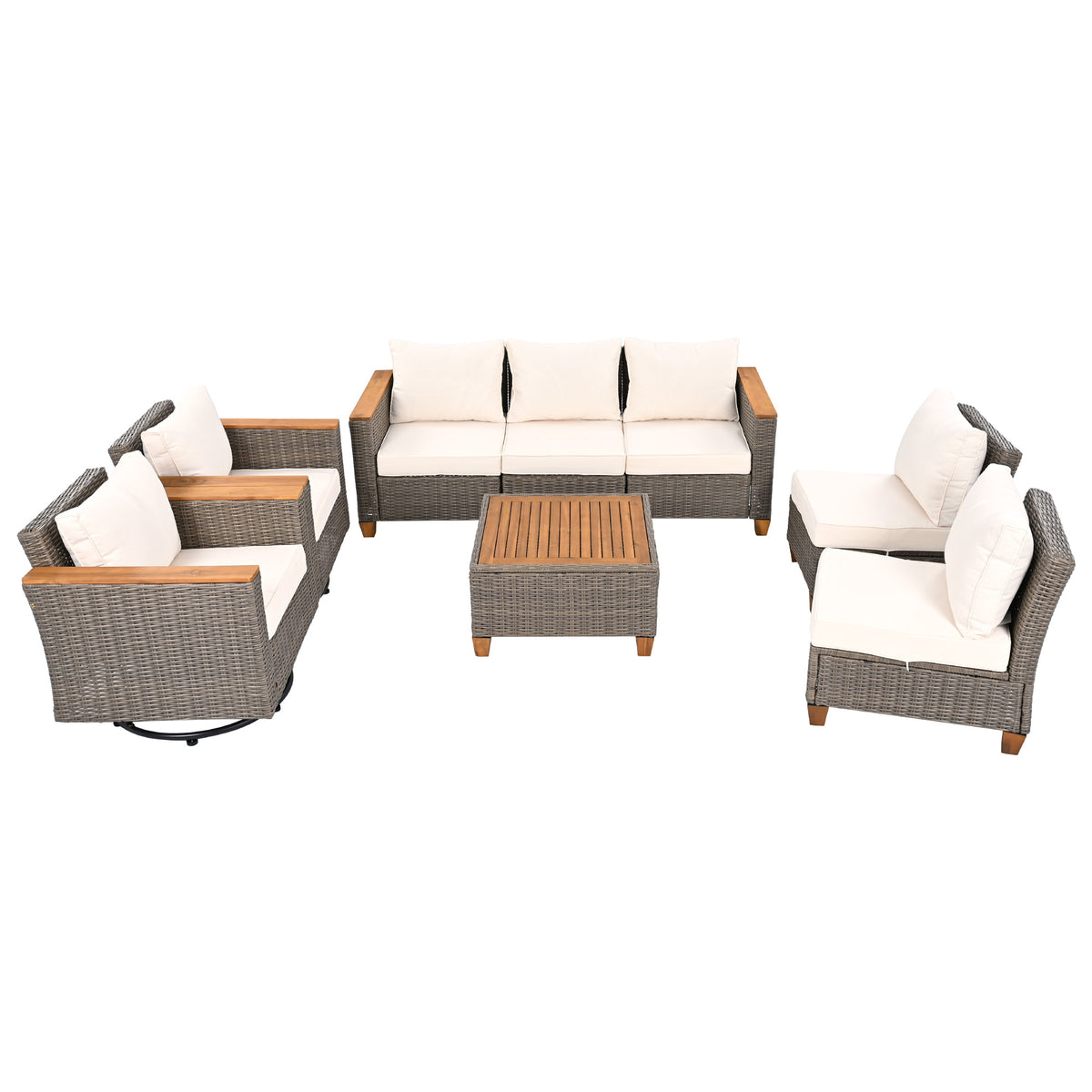 variant-group:rf-n707s005016z|Roomfitters 8-Piece Patio Furniture Set with 360 Swivel Rocker Chairs, Modular Outdoor Sectional Sofa & Table, Beige+Brown