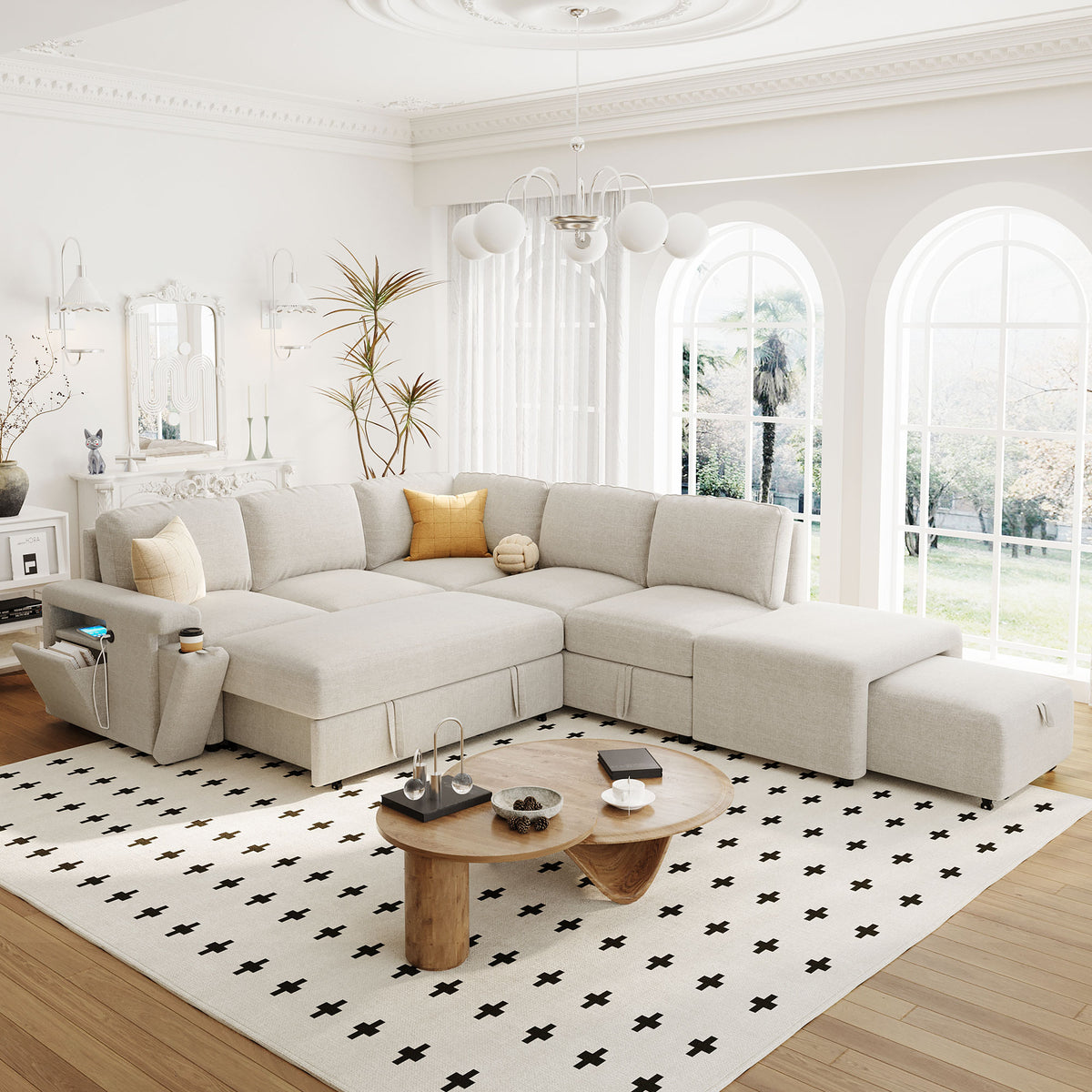 variant-group:rf-n711wy000390aaa|Roomfitters L-Shaped Padded Modular Sofa with Storage Space, USB Ports, and Cup Holders on the Armrests, Suitable for Living Rooms, Offices, and Apartments, Beige