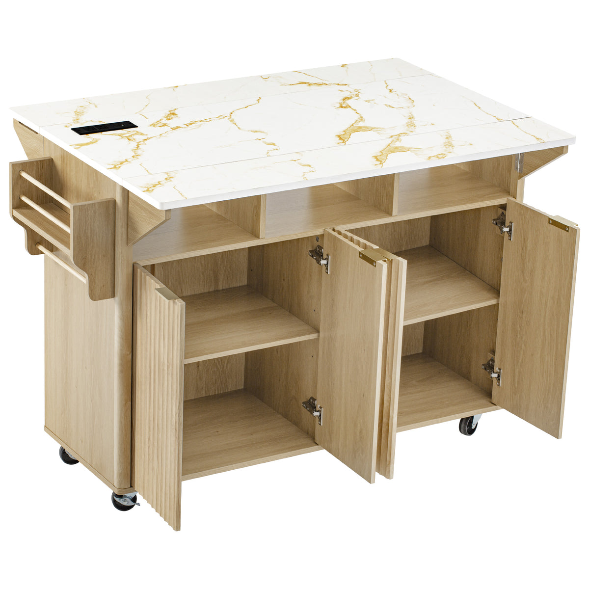 variant-group:rf-n707p353934y|Roomfitters 55.5" Fluted Kitchen Island with Double Drop Leaf, Natural Storage Cart with Power Outlet & Faux Marble Top