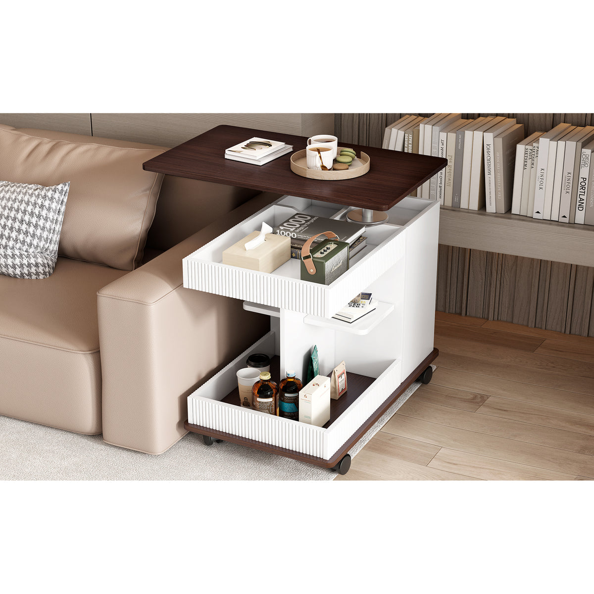 variant-group:rf-n724p292505k|Roomfitters Adjustable Sofa Side Table with Lift-Top, Rotating Surface and Storage on Wheels for Small Spaces, Brown