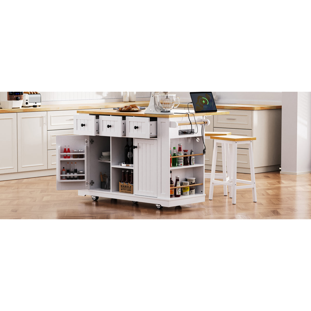 variant-group:rf-n707s003007w|Roomfitters 53" Kitchen Island with 2 Bar Stools, Drop Leaf, Power Outlet, Rolling Kitchen Cart Set with Storage, White