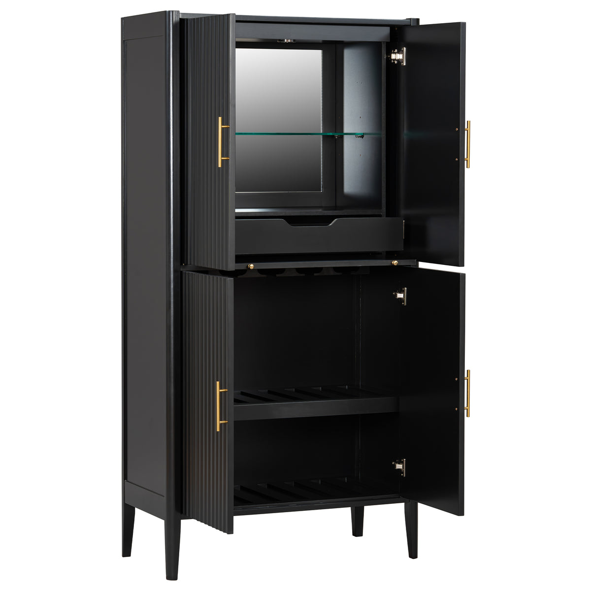 variant-group:rf-n711wy000539aab|Roomfitters Modern Black Fluted 4-Door Tall Wine Bar Storage Cabinet, Glass Display Rack, Built-In LED Lighting