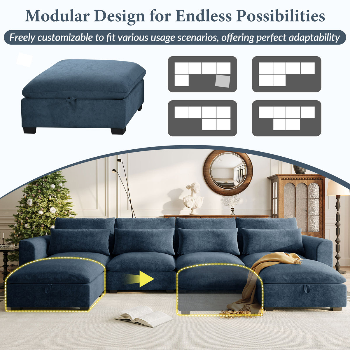 variant-group:rf-n711wy000491aac|Roomfitters 131.3-Inch Modern U-Shaped Sectional Sofa, 6-Seater Linen Blend Couch, 2 Storage Ottomans, Pit Lounge, Dark Blue