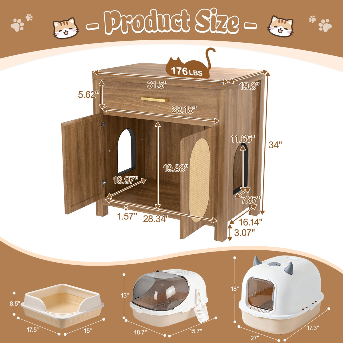 Roomfitters Espresso Cat Litter Box Enclosure End Table Nightstand with Sisal Scratching Pad Cabinet Doors Roomfitters