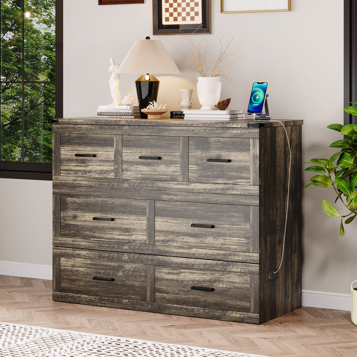variant-group:rf-n733s293995g|Roomfitters Full Size Murphy Bed Cabinet with Charging Station, Foldable Platform Bed with Storage Drawer, Rustic Gray