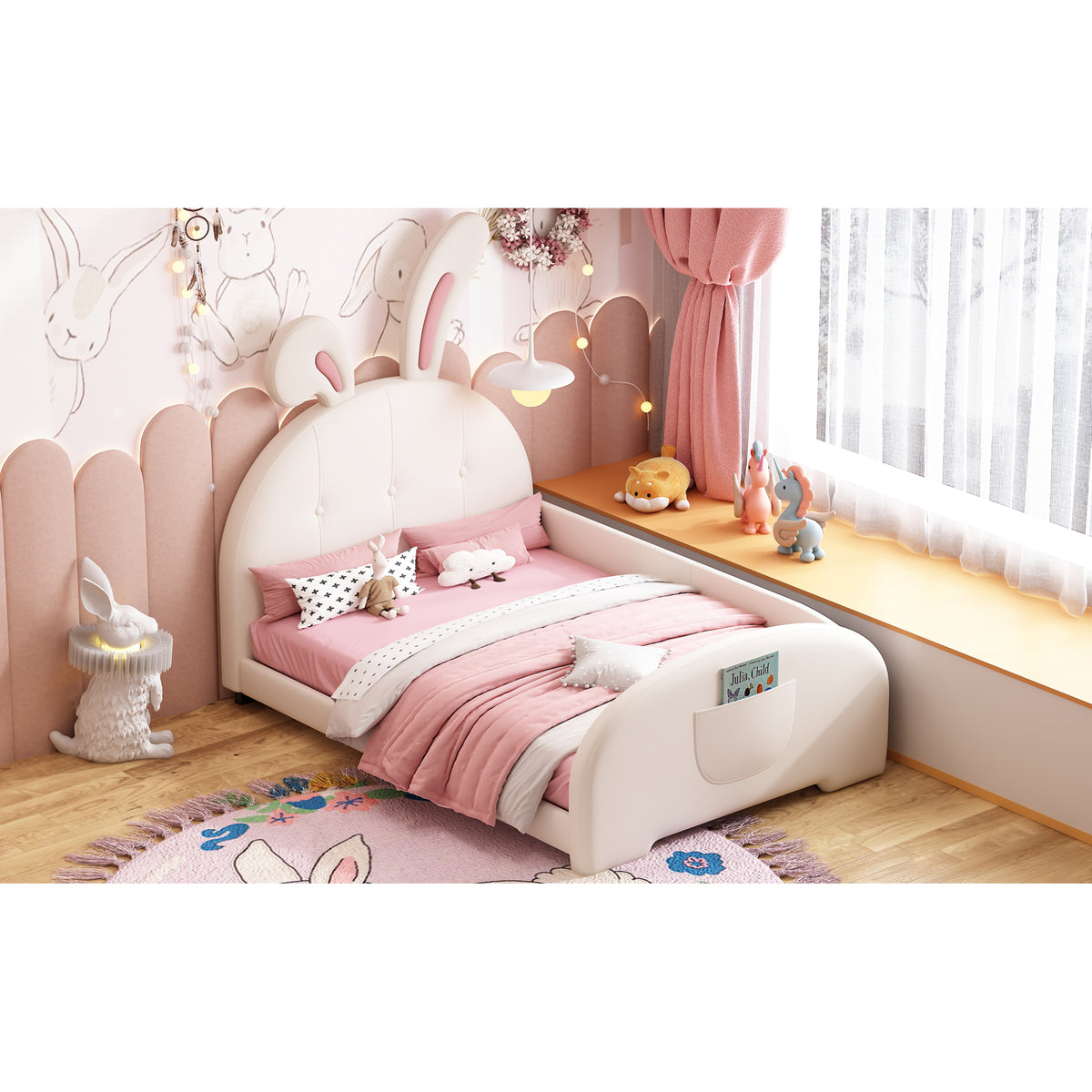 variant-group:rf-n733p198764k|Roomfitters Rabbit-Shaped Princess Twin Platform Bed with Upholstered Headboard and Footboard, White