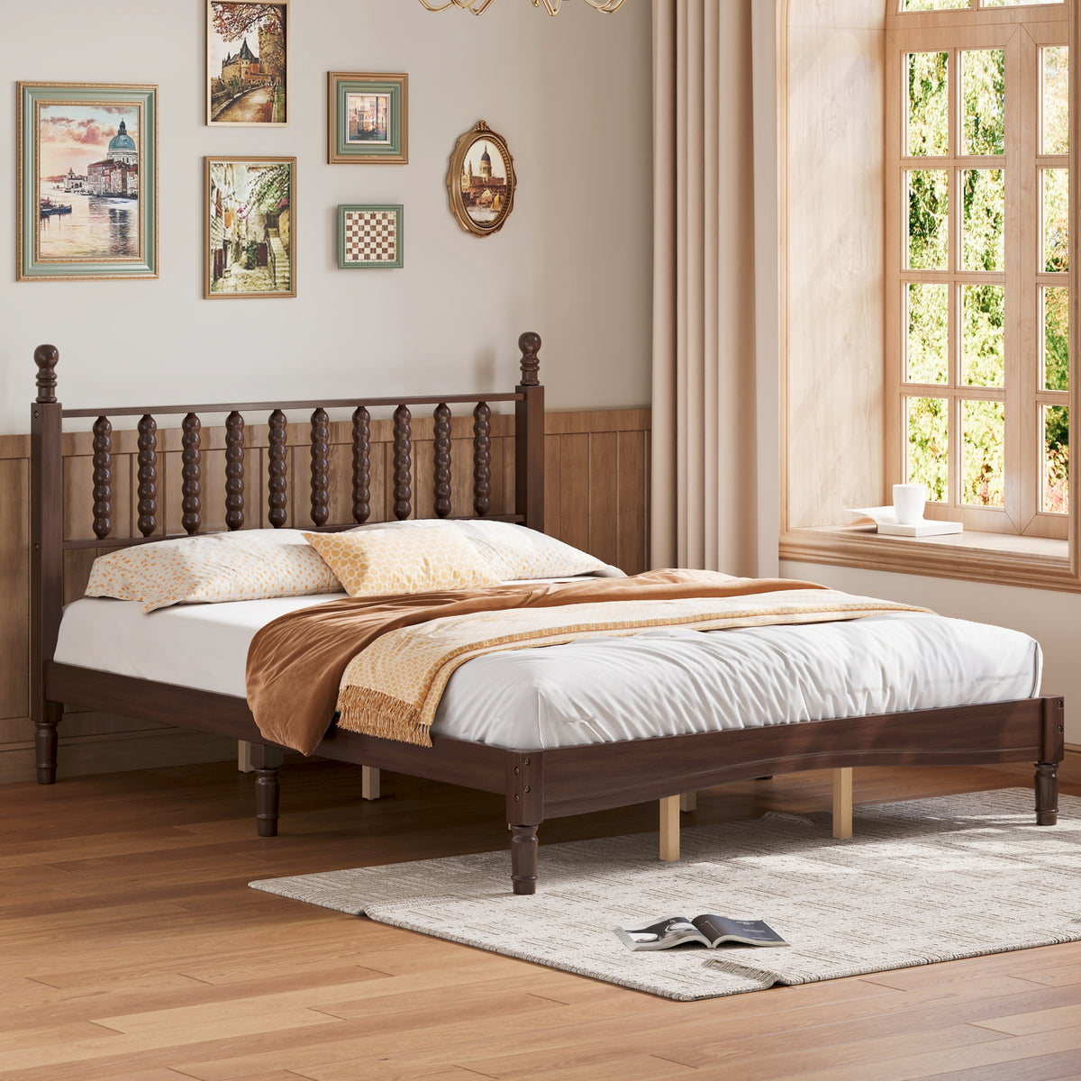 variant-group:rf-n733p206242d|Roomfitters Queen Size Wood Platform Bed with Gourd Shaped Headboard, Retro Style Platform Bed with Wooden Slat Support, Walnut