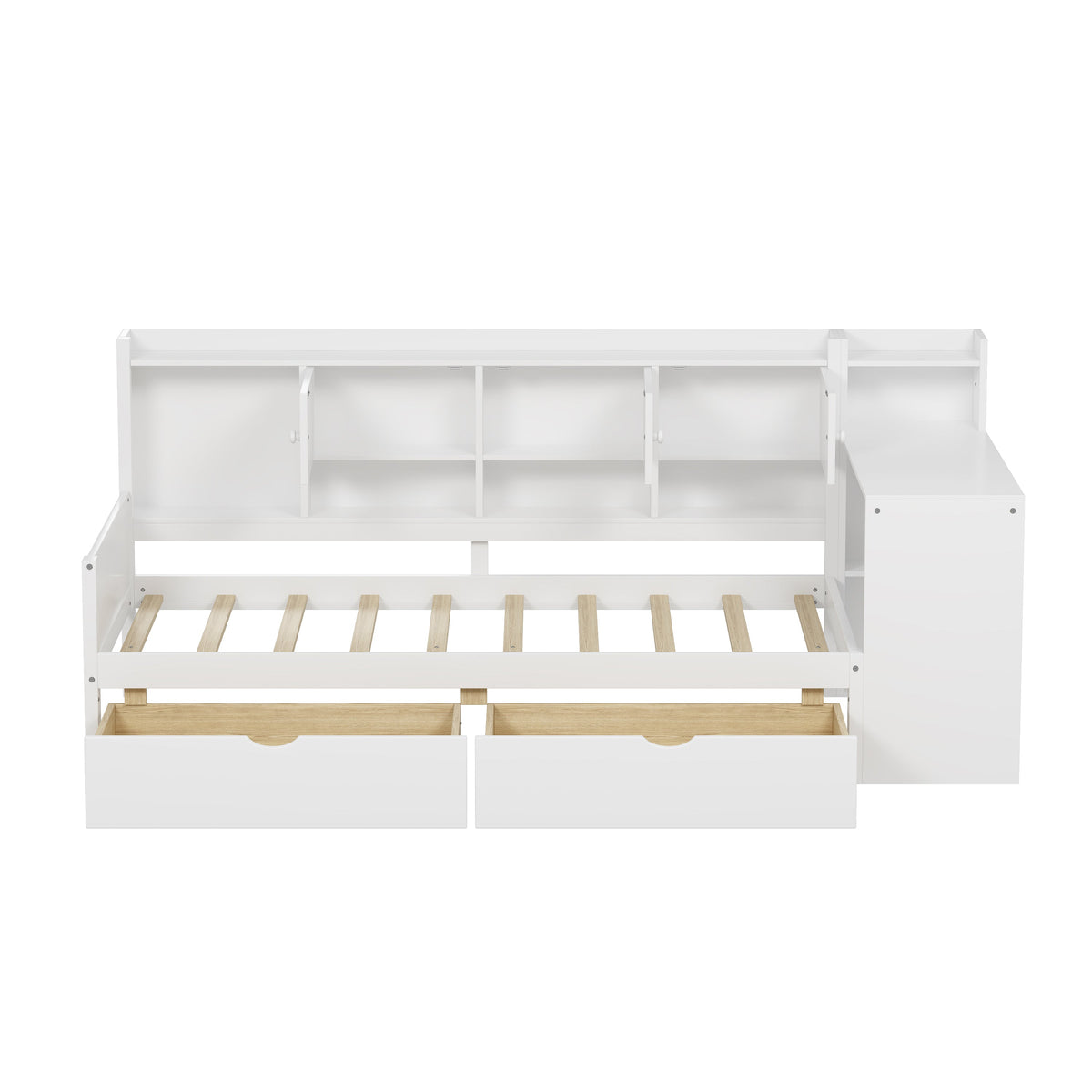 Roomfitters Wooden L-Shape Daybed with Storage Cabinets, Study Desk, Built-In Bookshelf, Space-Saving Platform Bed, White