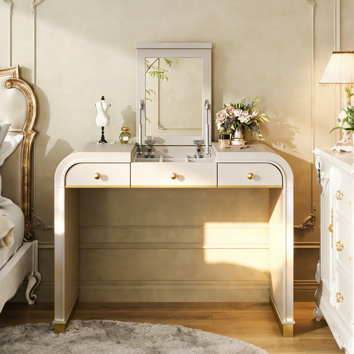 variant-group:rf-n704p381406c|Roomfitters Flip Top Vanity Desk with Mirror and Hidden Storage, Modern Makeup Table with Gold Trim for Small Space, Champagne