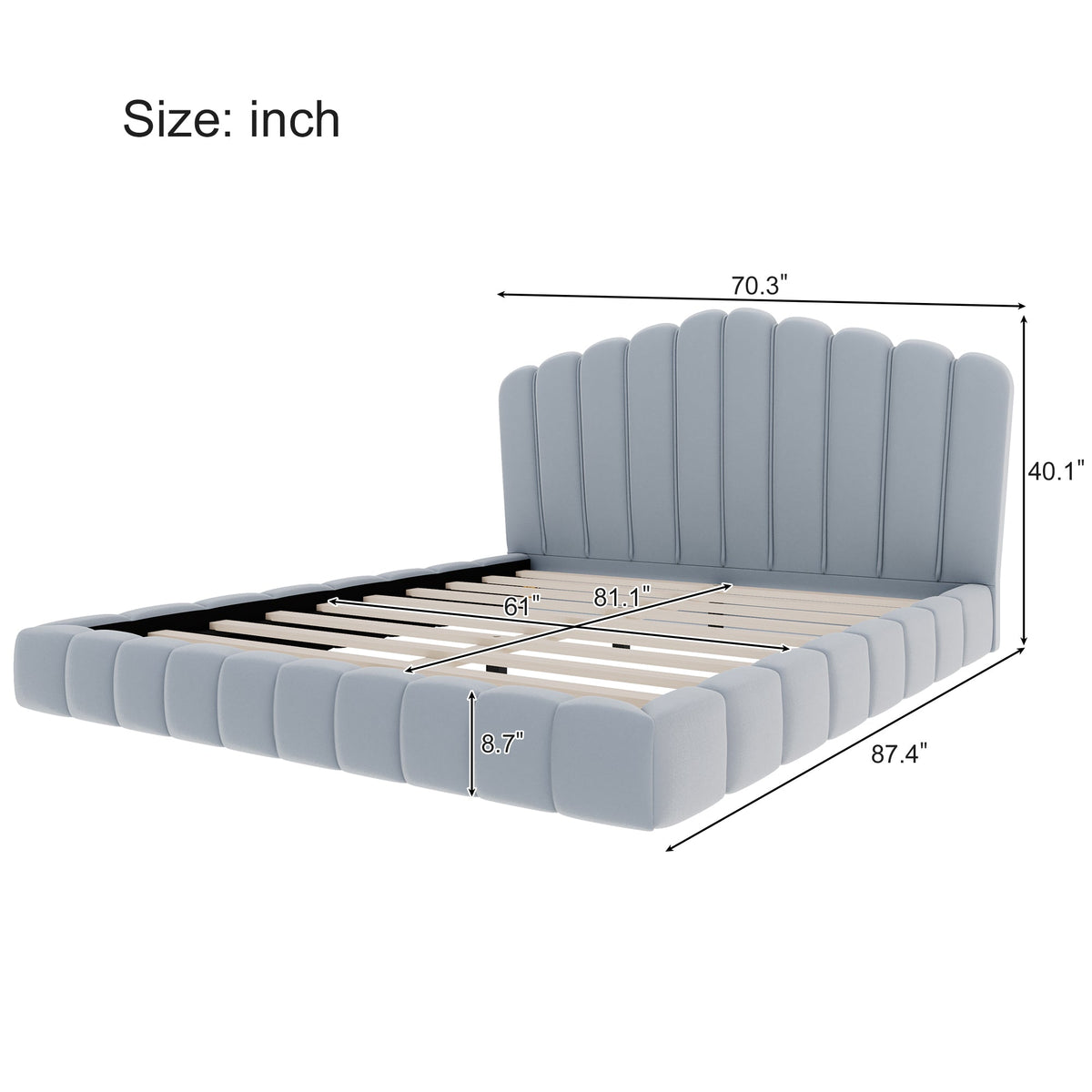 Roomfitters Queen Size Shell-Shaped Velvet Upholstered Platform Bed, Channel Tufted Headboard, No Box Spring Needed, Light Blue Roomfitters