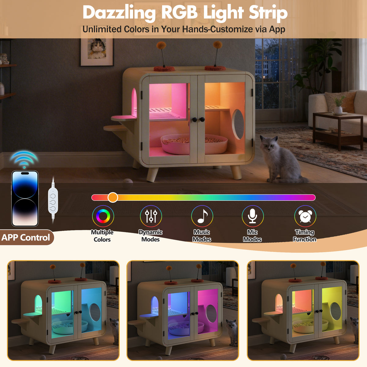 variant-group:rf-n704p419240a|Roomfitters Retro TV-Style Hidden Cat Litter Box Enclosure with App Controlled RGB LED Lights and Stairs Beige