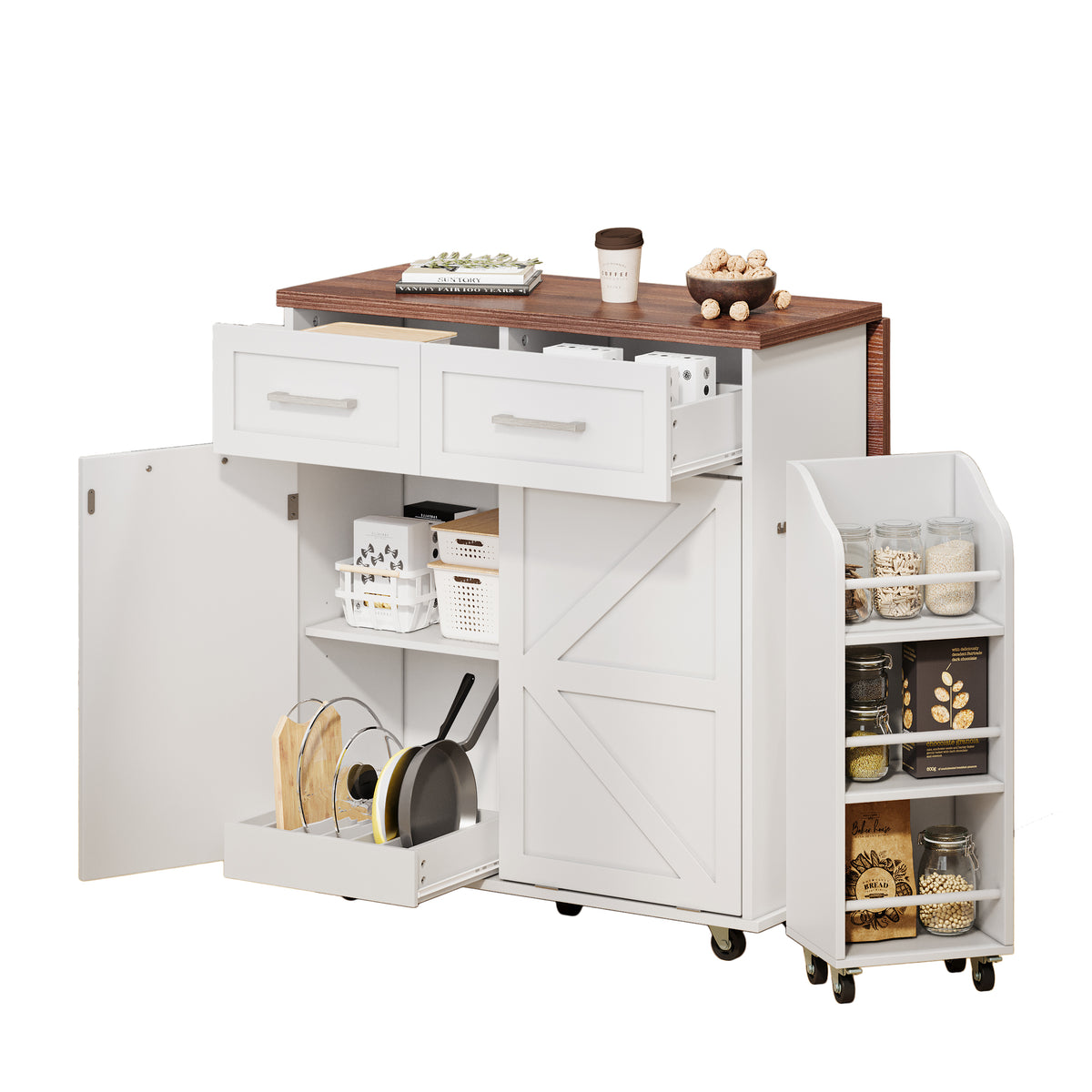 variant-group:rf-n707p307296w|Roomfitters 47.2" Farmhouse Kitchen Island with Drop Leaf, Tilt Trash Can Cabinet, Removable Mobile Side Racks, White
