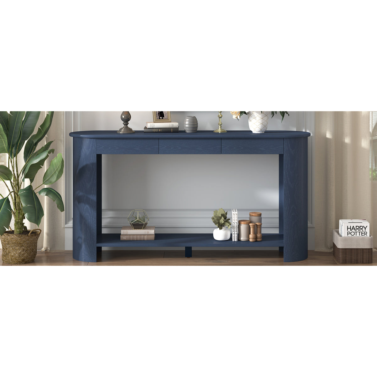 variant-group:rf-n711p395523c|Roomfitters Modern Farmhouse Navy Blue Oak Veneer Semi-Circular Console Table with 3 Drawers and Open Bottom Storage Shelf