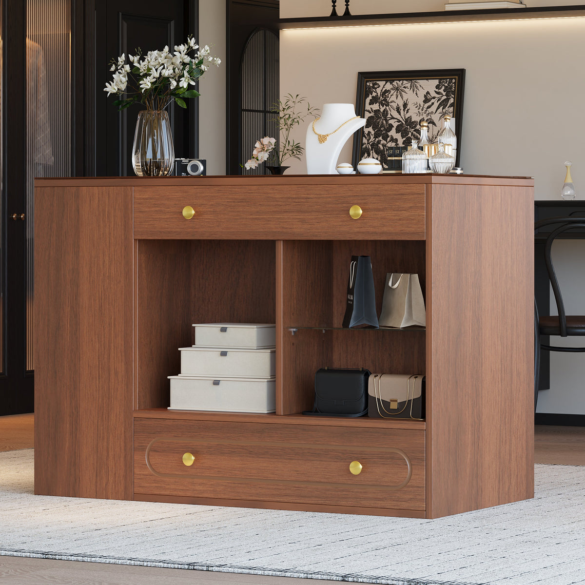 Roomfitters Closet Island with 6 Drawers, Glass Display Top and Open Shelves, Wardrobe Storage and Jewelry Vanity, Walnut