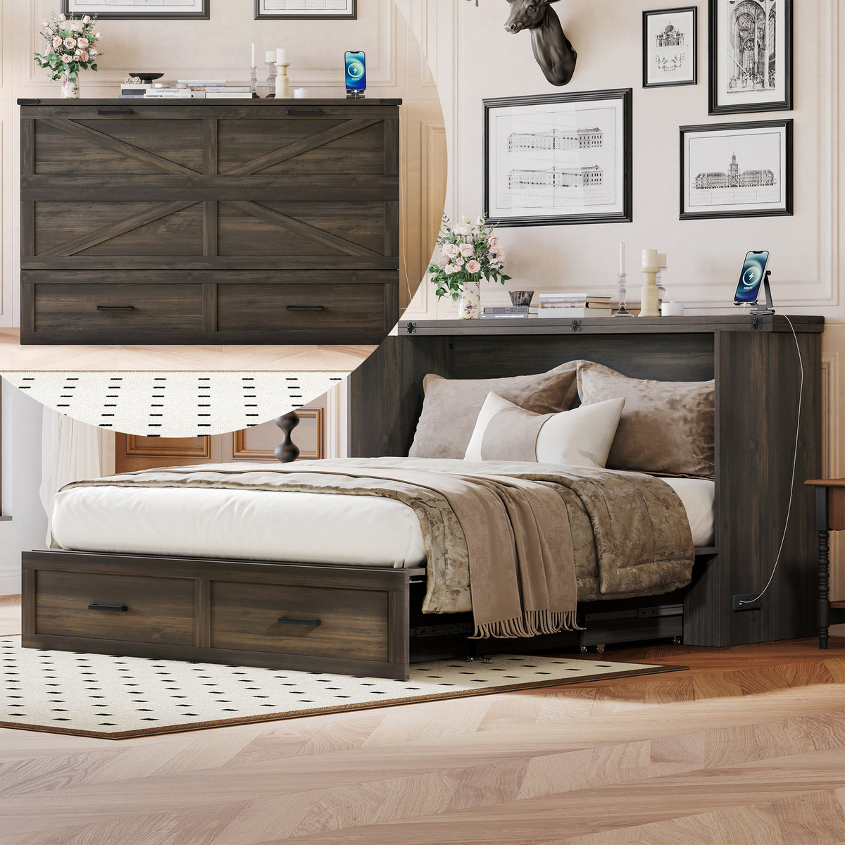variant-group:rf-n733s361778g|Roomfitters Queen Farmhouse Murphy Cabinet Bed with Charging Station, Foldable Platform Bed with Storage Drawer, Rustic Gray