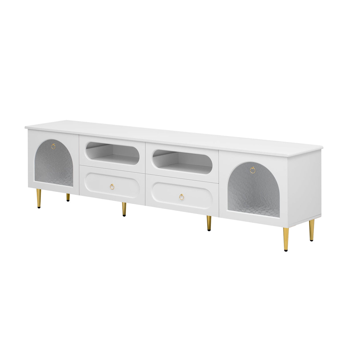 Roomfitters Retro TV Stand for up to 85 Inch TV, Media Console Cabinet with Drawers, Cabinets and Metal Legs, White Roomfitters