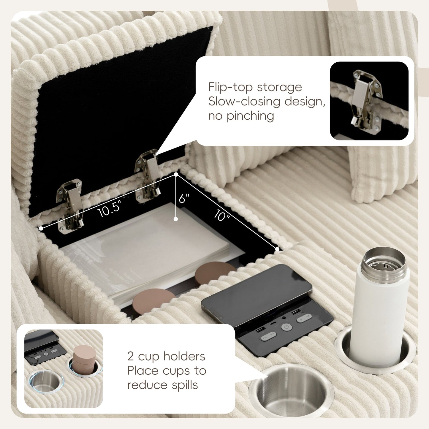 Roomfitters 112 Inch L-Shaped Modular Sectional Sofa with Bluetooth Speaker, Console and Cup Holders for Home, Cream Roomfitters