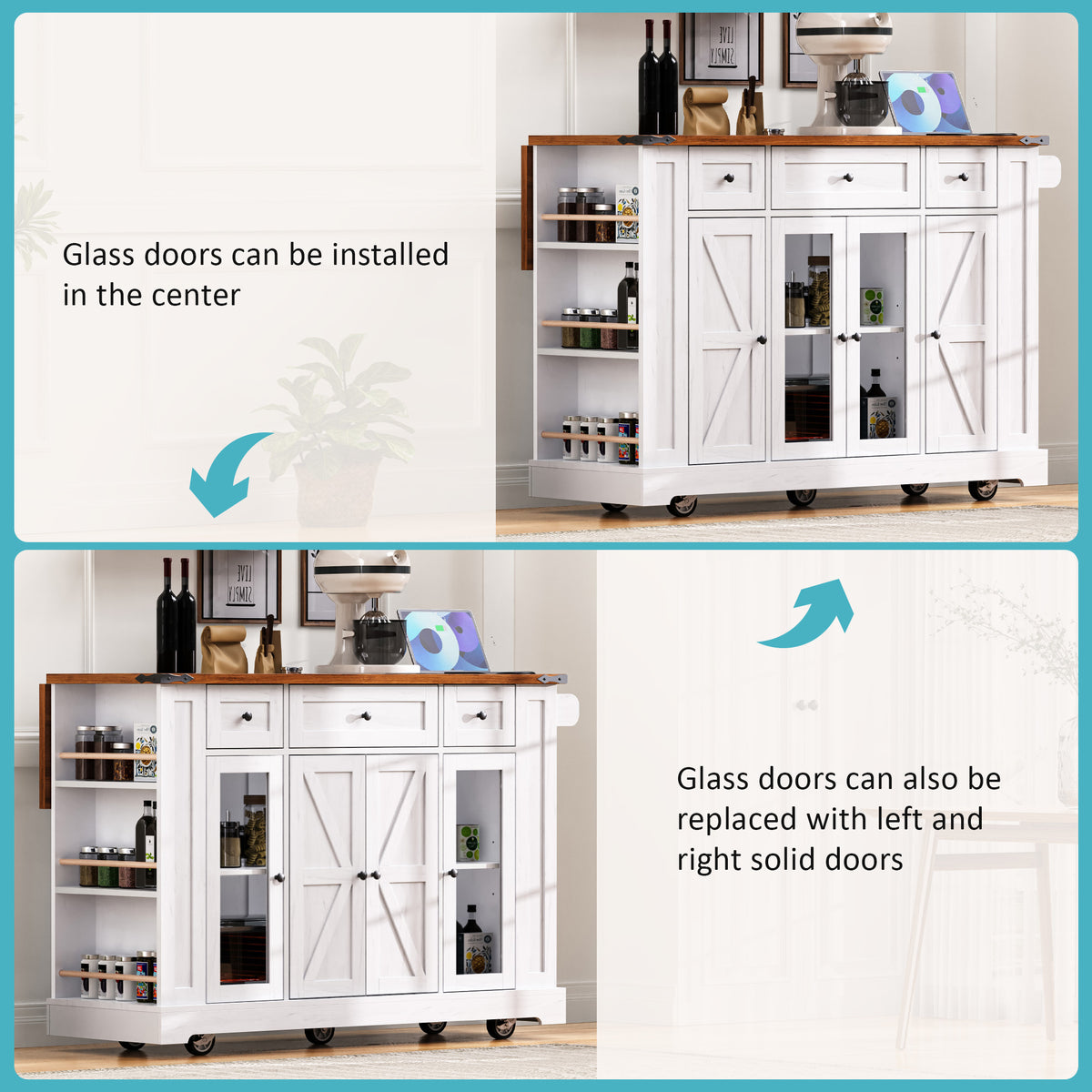 variant-group:rf-n707s263637w|Roomfitters 53" Kitchen Island with Power Outlet, 4 Doors and 3 Drawers, Rolling Storage Cabinet with Glass Doors, White