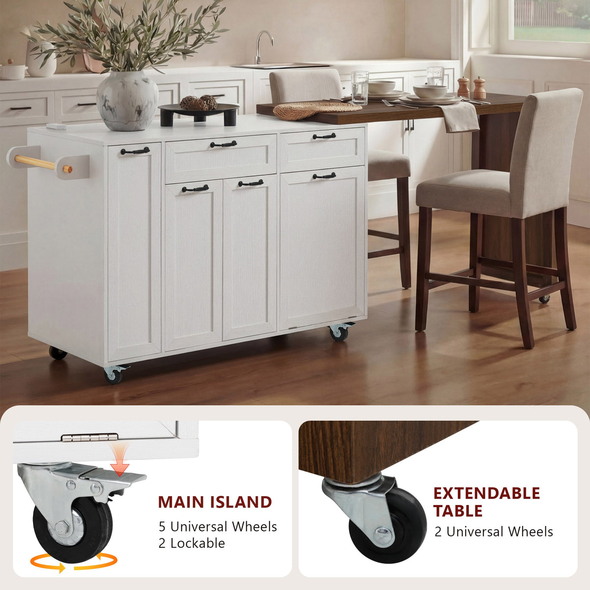 variant-group:rf-n707s000026w|Roomfitters 102.3" Kitchen Island with Tilt Out Trash Can Cabinet, Rolling Storage Cart, Slide-out Spice Rack, White