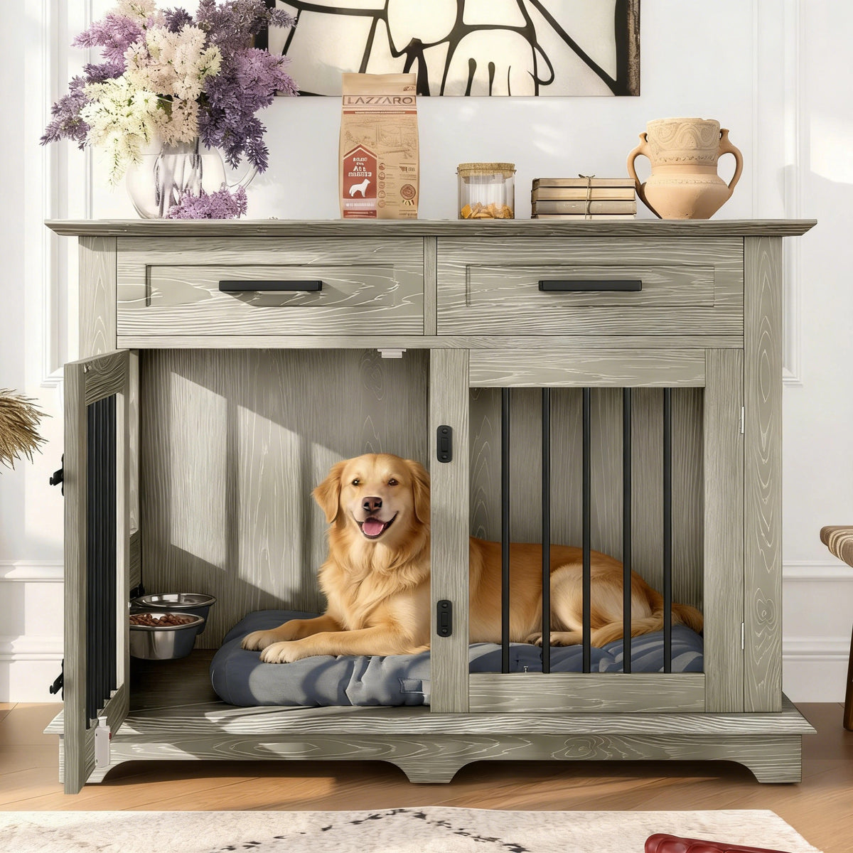 variant-group:rf-n704p379112e|Roomfitters 44-Inch Decorative Dog Crate Furniture Indoor Wooden Kennel End Table with 360 Rotating Bowls Gray