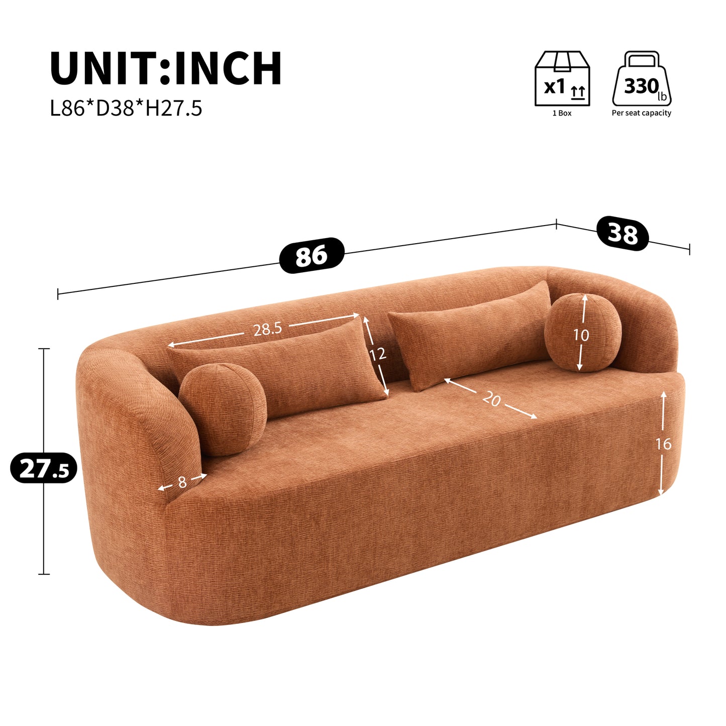 variant-group:rf-n723p404465g|Roomfitters 86 Inch Modern Curvy Sofa, 3-Seater Rounded Upholstered Couch with Plush Throw Pillows for Living Room, Orange