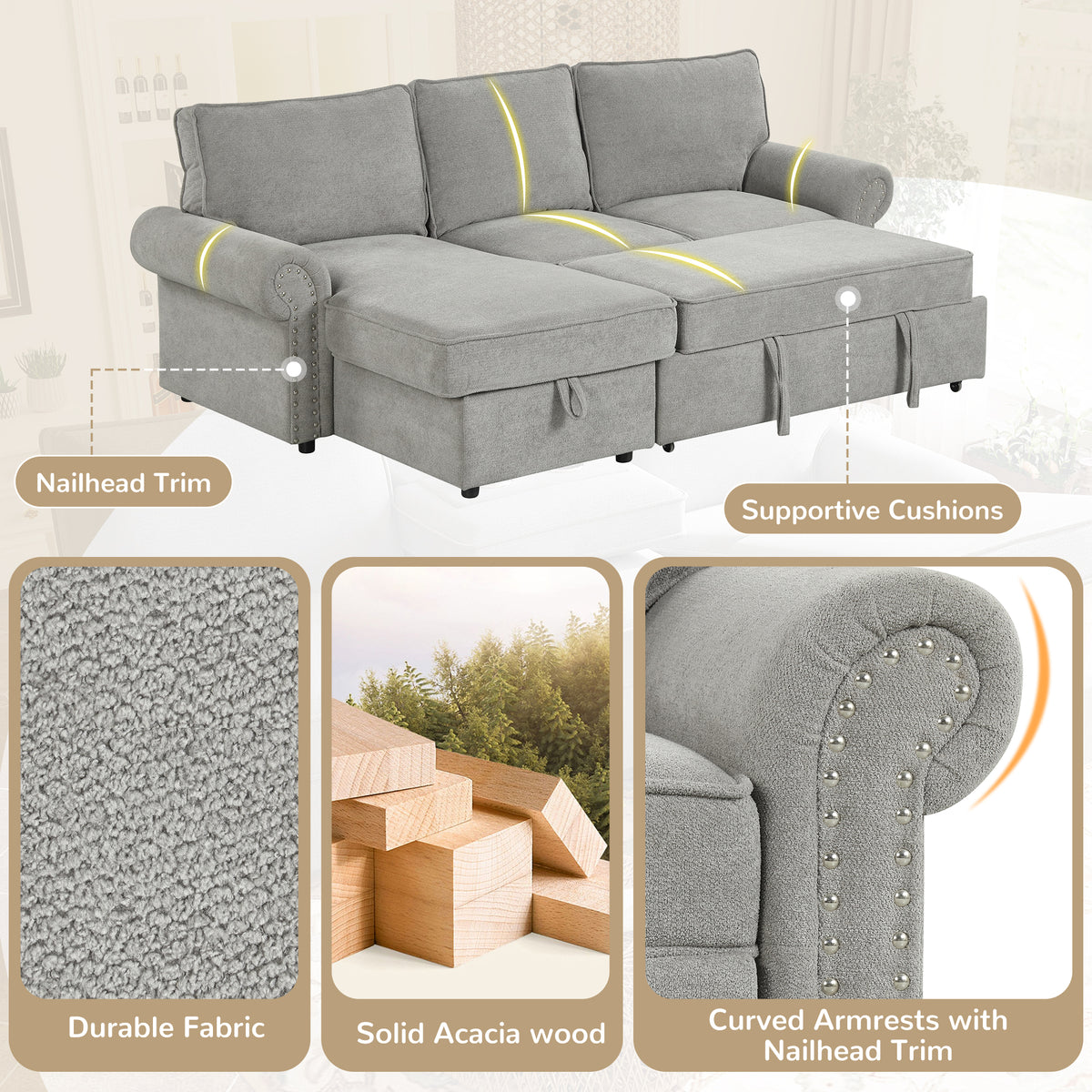 variant-group:rf-n711wy000466aae|Roomfitters 95" Convertible Sectional Sleeper Sofa L-Shaped Couch with Storage Chaise and Pull Out Bed for Living Room, Grey
