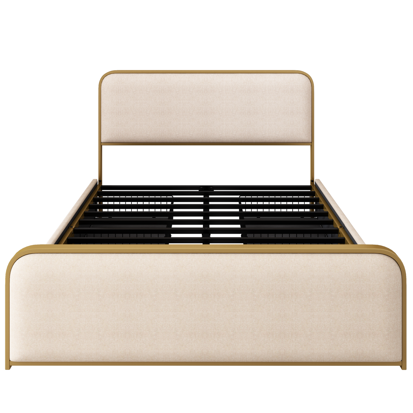 variant-group:rf-n701p229016c|Roomfitters Queen Size Upholstered Platform Bed Frame with Gold Metal Trim, Padded Curved Headboard & Footboard, Beige+Gold