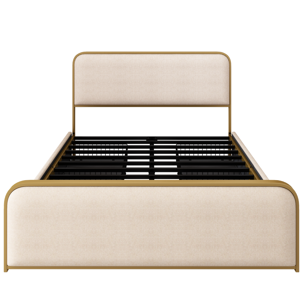 variant-group:rf-n701p229016c|Roomfitters Queen Size Upholstered Platform Bed Frame with Gold Metal Trim, Padded Curved Headboard & Footboard, Beige+Gold