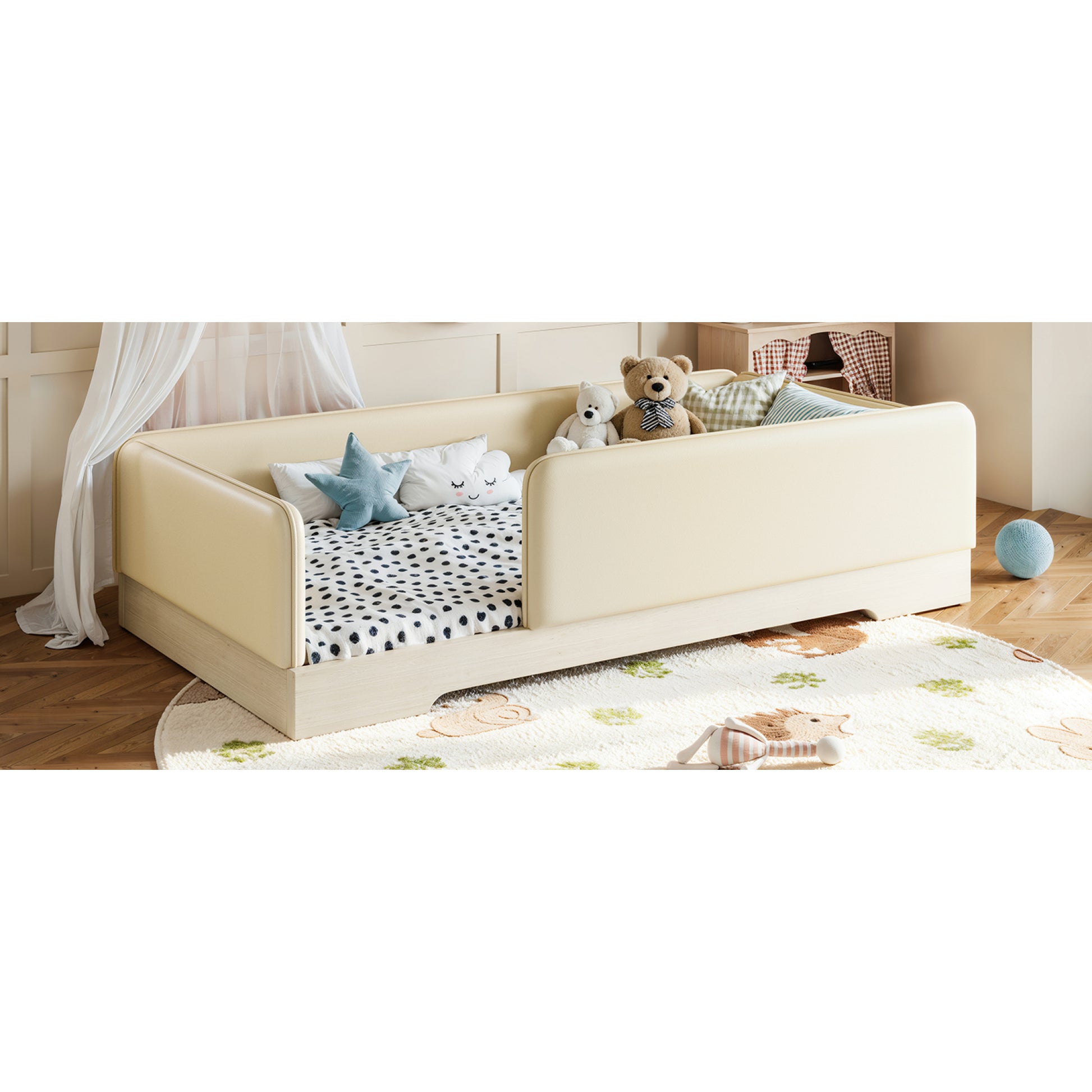 variant-group:rf-w1580p493129|Roomfitters Twin Size Upholstered Floor Bed Frame with Removable Guardrails, Faux Leather Low Profile Platform, Beige